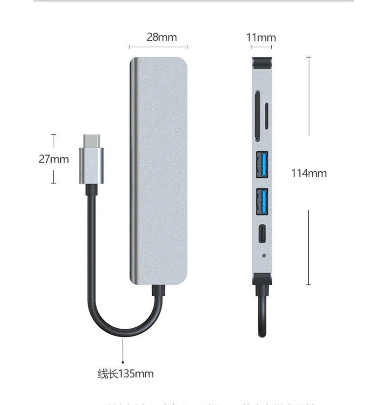 Silver 6 in 1 USB C hub adapter with USB ports, SD/TF slots, HDMI, and PD charging port