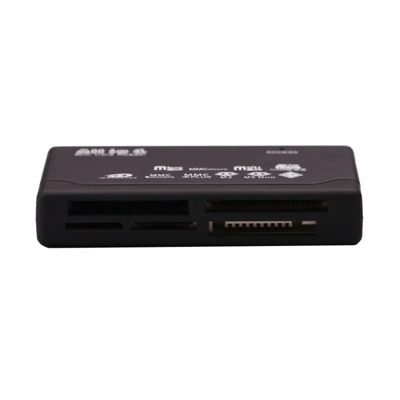 Black multi-function USB 2.0 card reader supporting SD, CF, MMC, and other memory cards