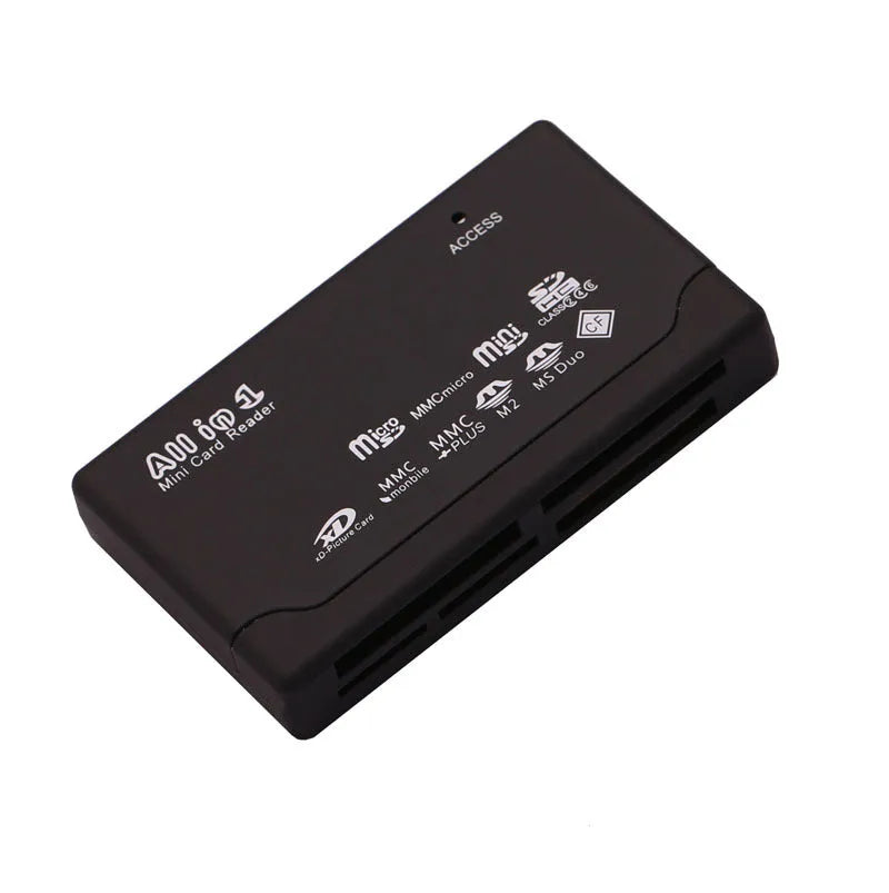 Black multi-function USB 2.0 card reader supporting SD, CF, MMC, and other memory cards
