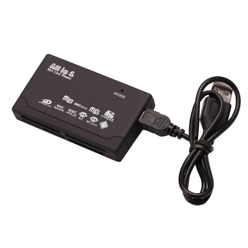Black multi-function USB 2.0 card reader supporting SD, CF, MMC, and other memory cards