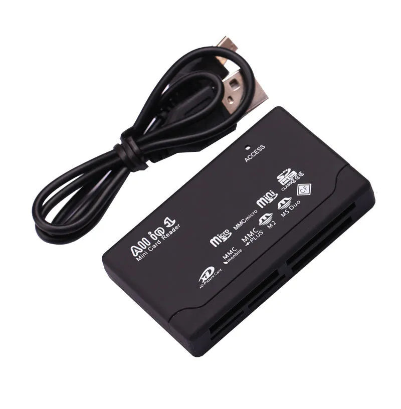 Black multi-function USB 2.0 card reader supporting SD, CF, MMC, and other memory cards