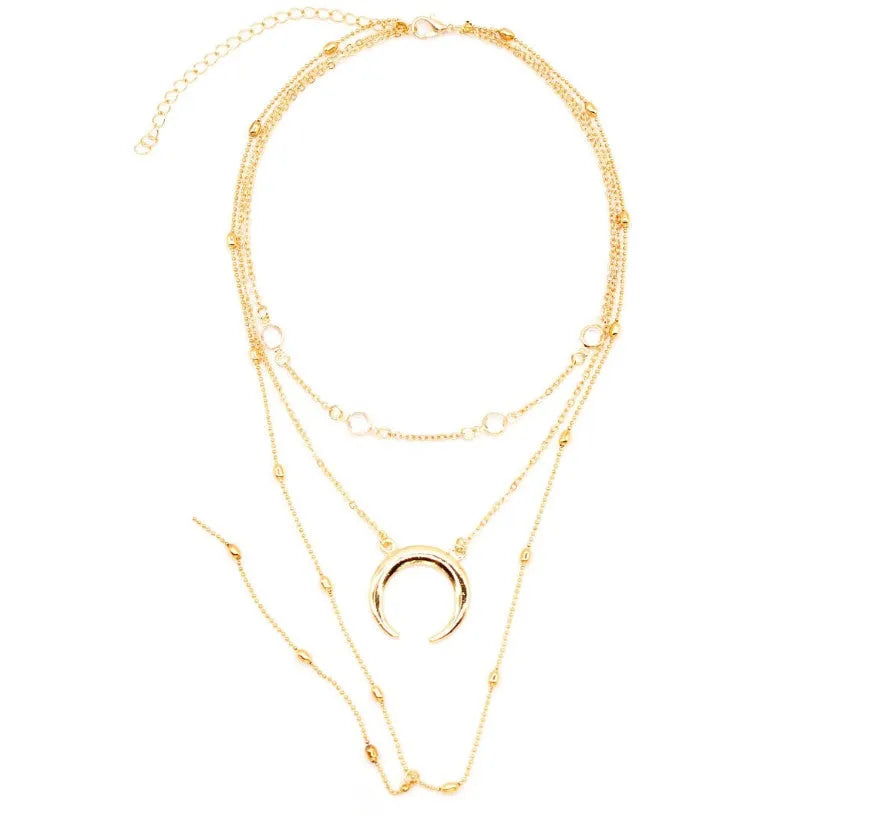 Fashion multilayer crescent moon choker necklace with bead chain initial pendant in gold finish
