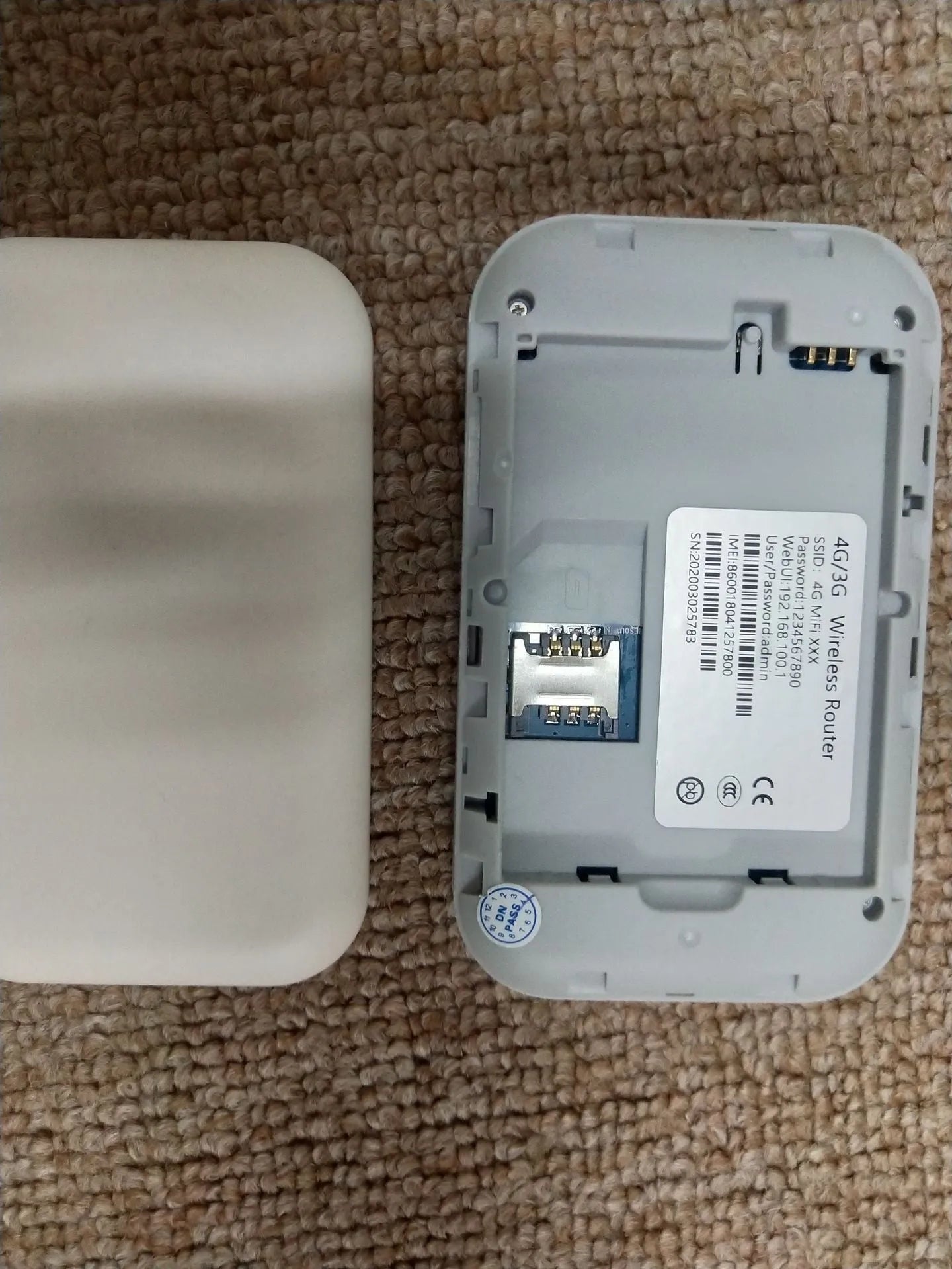 Portable 4G car wireless router with single SIM slot, measuring 104mm by 64mm by 15mm