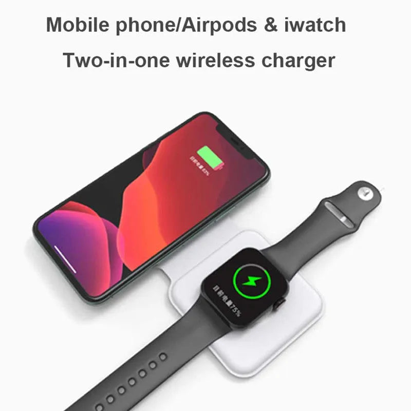 White folding magnetic wireless charging dock in stand mode with phone and earbuds case charging