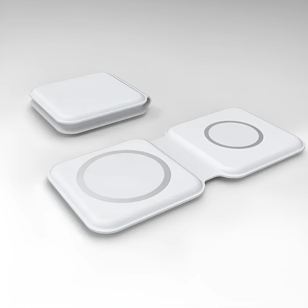 White folding magnetic wireless charging dock in stand mode with phone and earbuds case charging