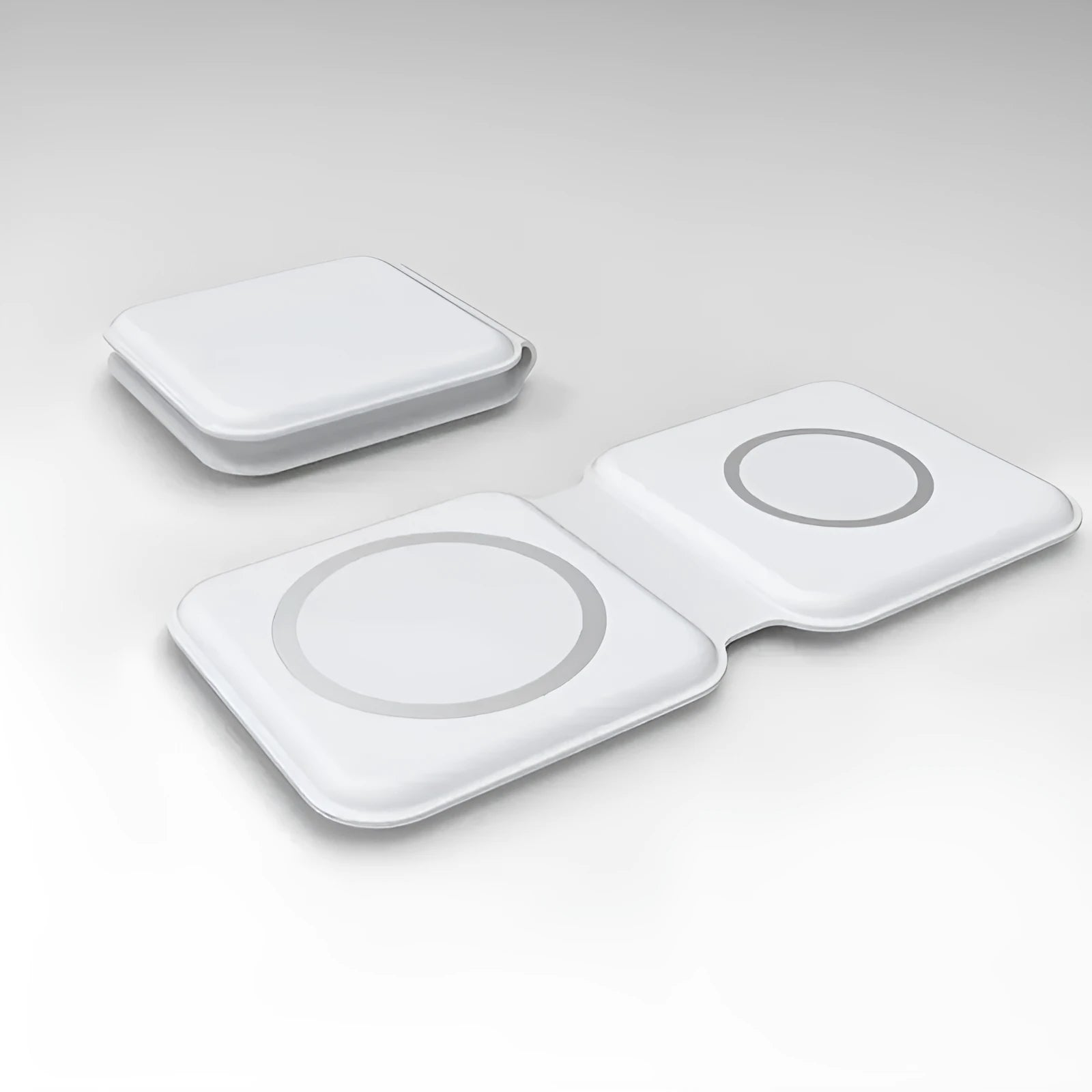 White folding magnetic wireless charging dock in stand mode with phone and earbuds case charging