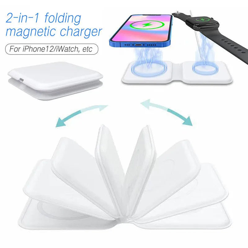 White folding magnetic wireless charging dock in stand mode with phone and earbuds case charging