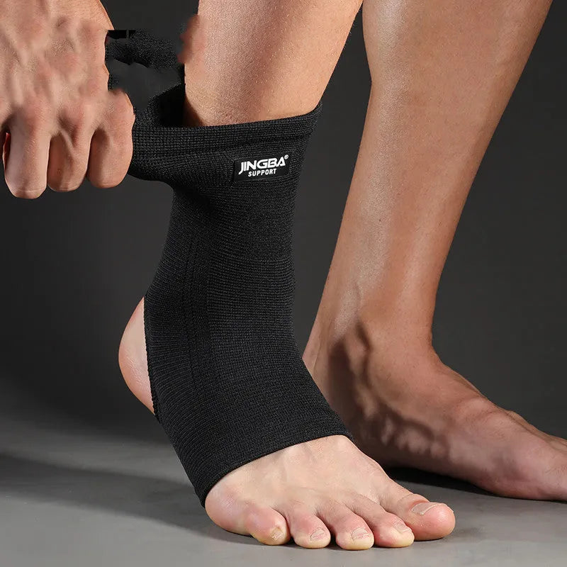 Black nylon ankle support brace for running and climbing sports with compression fit