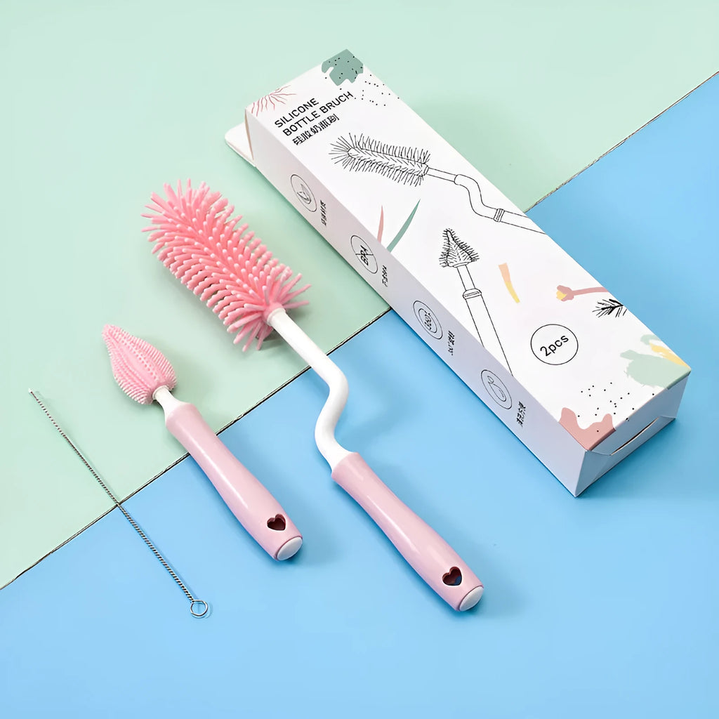 Silicone baby bottle cleaning brush set with straw cleaner in assorted colours