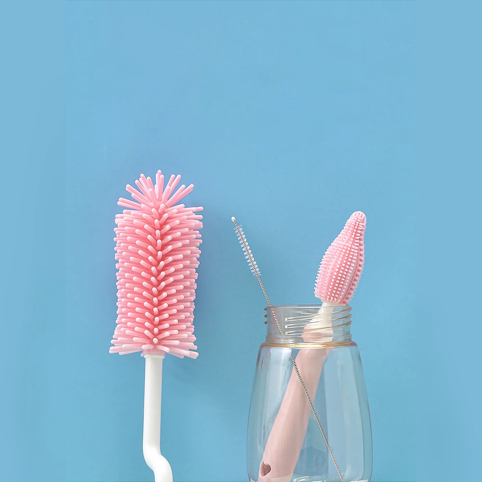 Silicone baby bottle cleaning brush set with straw cleaner in assorted colours