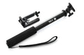 Aluminium alloy extendable selfie stick for mobile phones in black, red, and gold colours with a remote control.