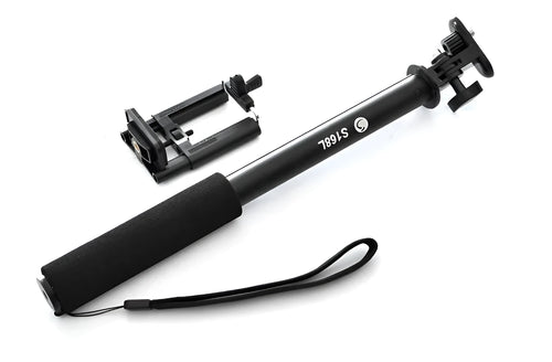 Aluminium alloy extendable selfie stick for mobile phones in black, red, and gold colours with a remote control.