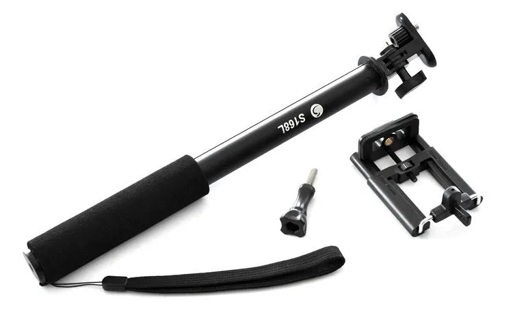 Aluminium alloy extendable selfie stick for mobile phones in black, red, and gold colours with a remote control.