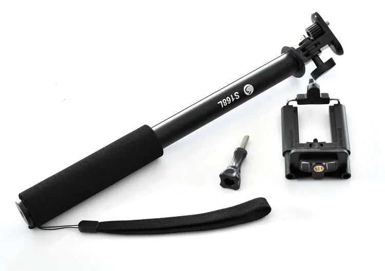 Aluminium alloy extendable selfie stick for mobile phones in black, red, and gold colours with a remote control.