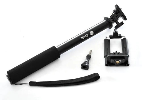 Aluminium alloy extendable selfie stick for mobile phones in black, red, and gold colours with a remote control.