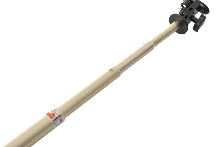 Aluminium alloy extendable selfie stick for mobile phones in black, red, and gold colours with a remote control.