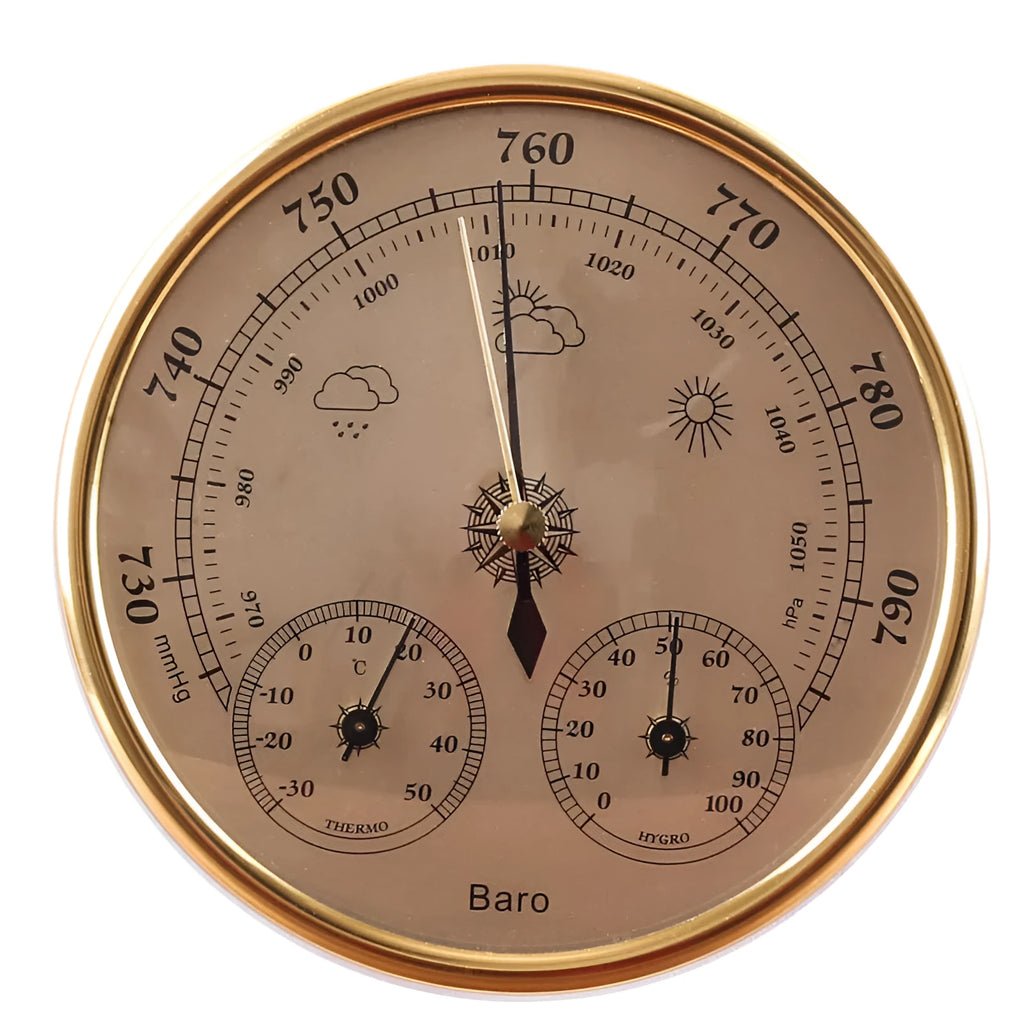 Handheld air temperature and humidity meter in golden or silvery colour with 128mm gauge
