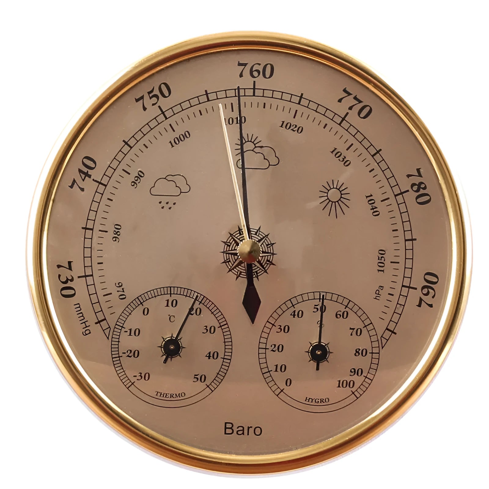 Handheld air temperature and humidity meter in golden or silvery colour with 128mm gauge