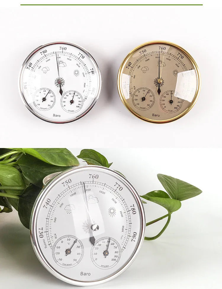 Handheld air temperature and humidity meter in golden or silvery colour with 128mm gauge