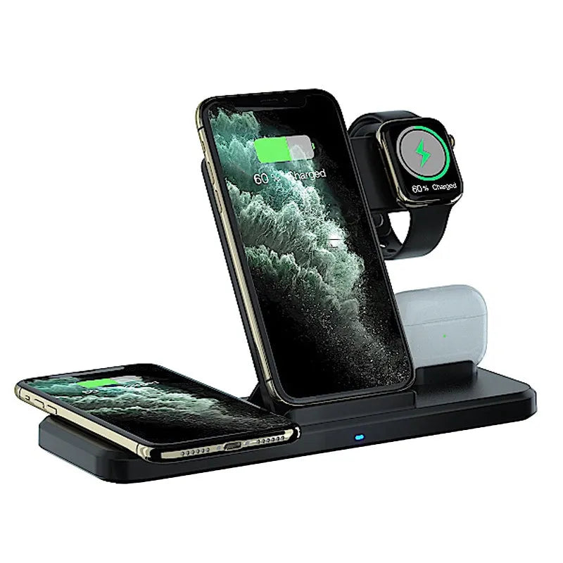 Black universal three-in-one bracket wireless charger with 5V input, 9V output, and indication function.