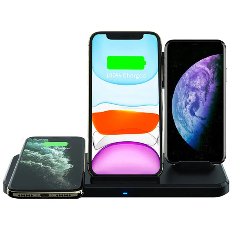 Black universal three-in-one bracket wireless charger with 5V input, 9V output, and indication function.