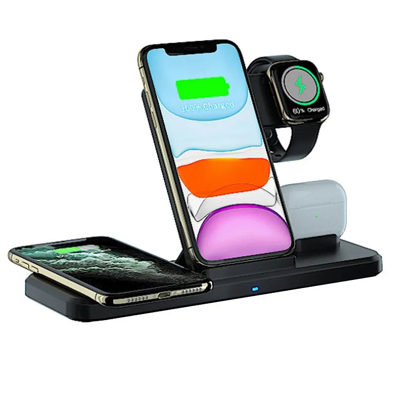 Black universal three-in-one bracket wireless charger with 5V input, 9V output, and indication function.