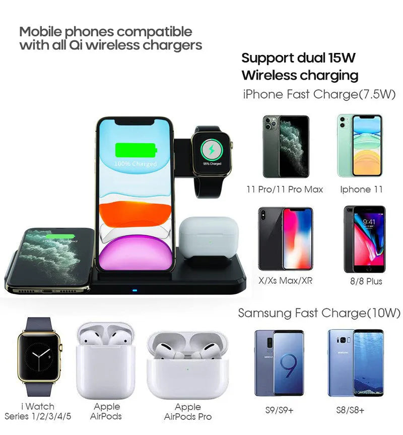 Black universal three-in-one bracket wireless charger with 5V input, 9V output, and indication function.