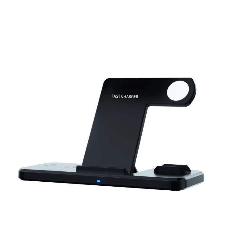 Black universal three-in-one bracket wireless charger with 5V input, 9V output, and indication function.