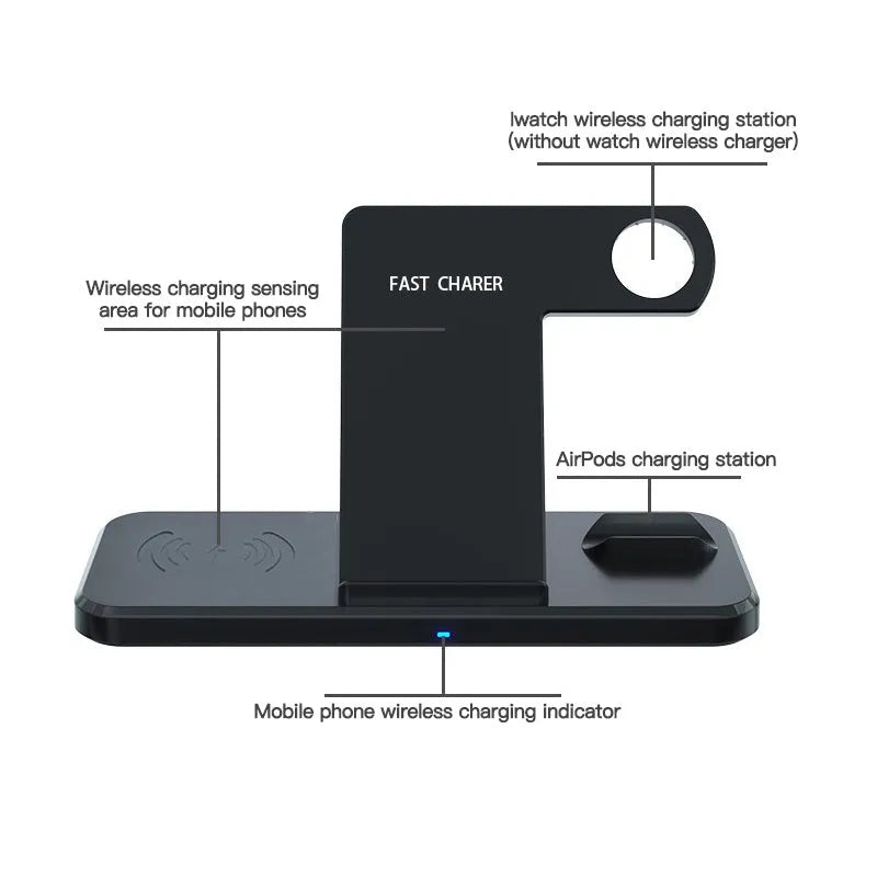 Black universal three-in-one bracket wireless charger with 5V input, 9V output, and indication function.