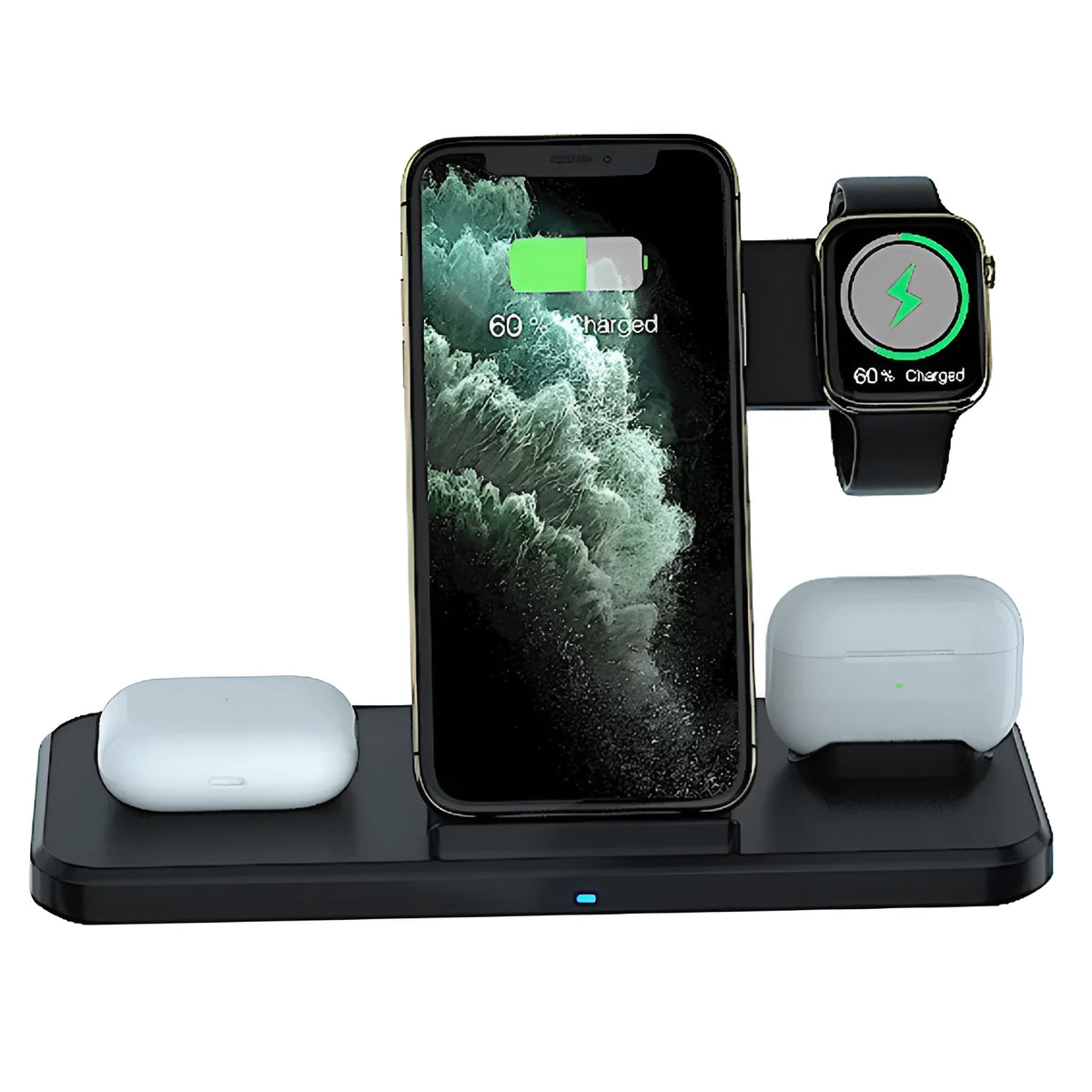 Black universal three-in-one bracket wireless charger with 5V input, 9V output, and indication function.