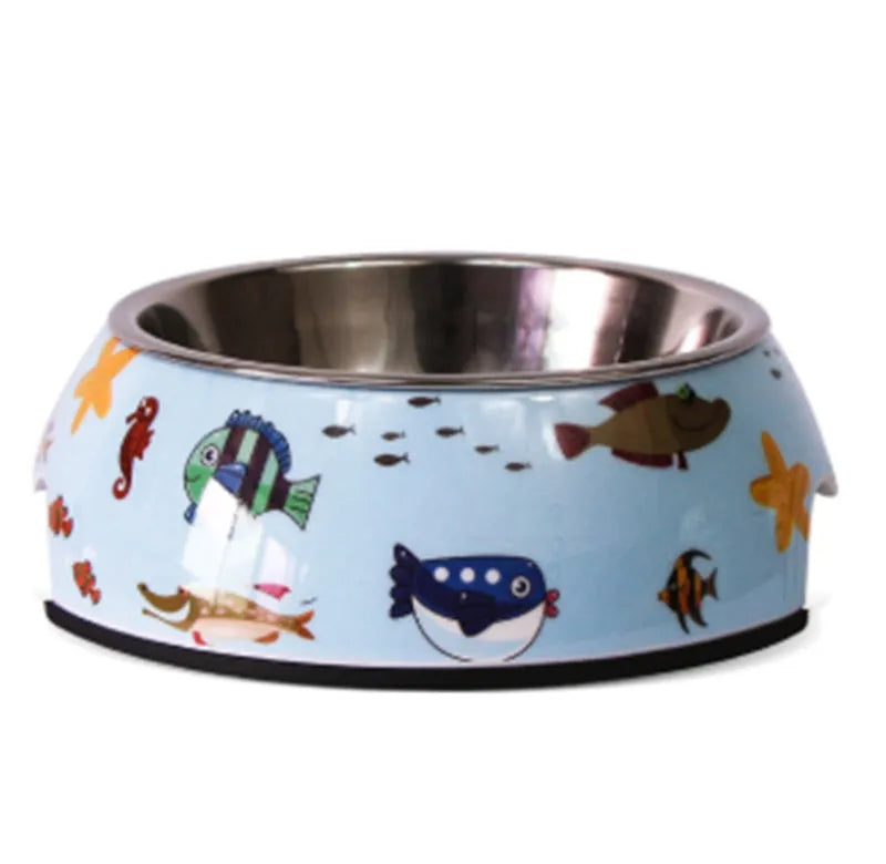 Stainless steel pet bowl with melamine shell in Small, Medium or Large and six pattern styles for dogs and cats