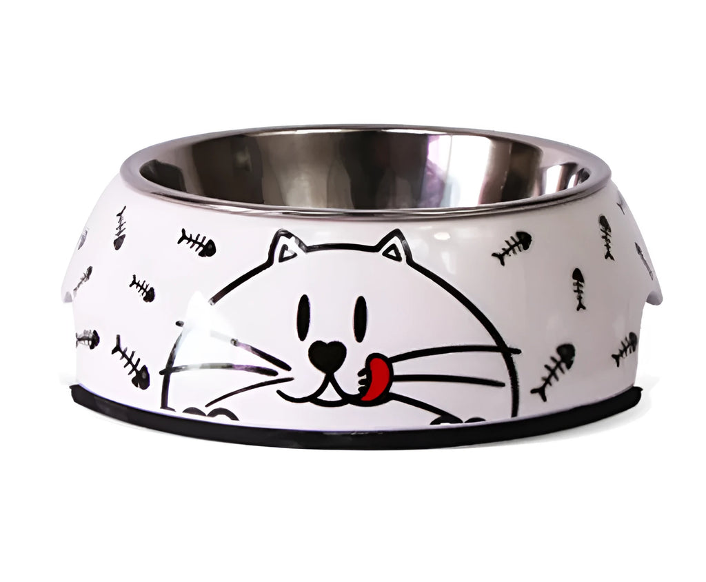 Stainless steel pet bowl with melamine shell in Small, Medium or Large and six pattern styles for dogs and cats
