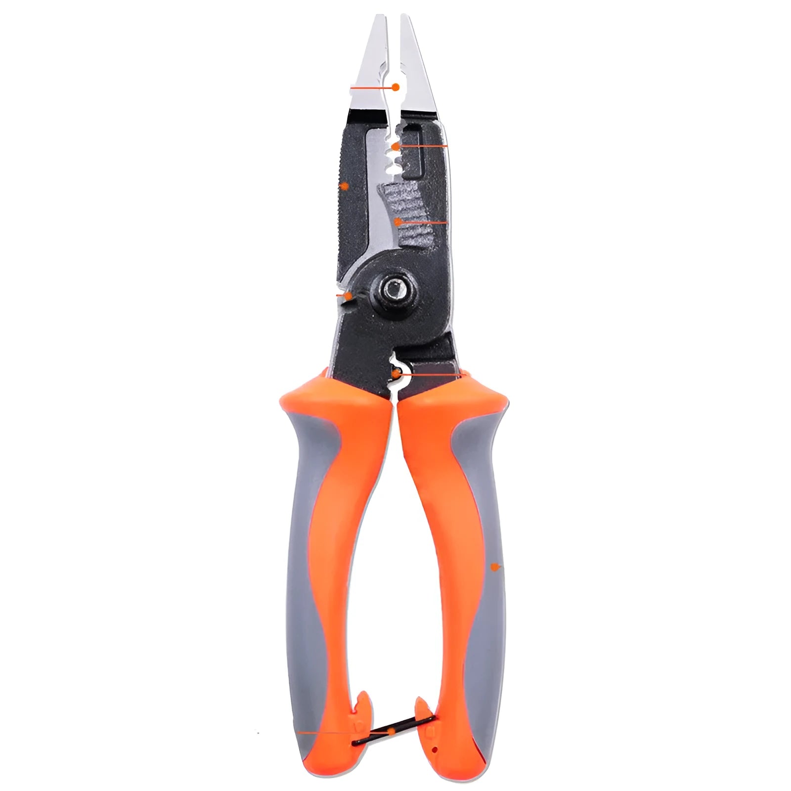Orange 8-inch electrician's pliers with duckbill shape and wire stripping capabilities
