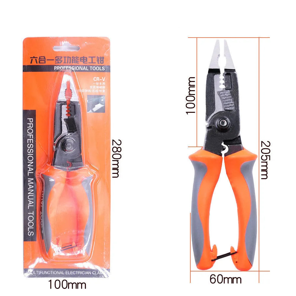 Orange 8-inch electrician's pliers with duckbill shape and wire stripping capabilities