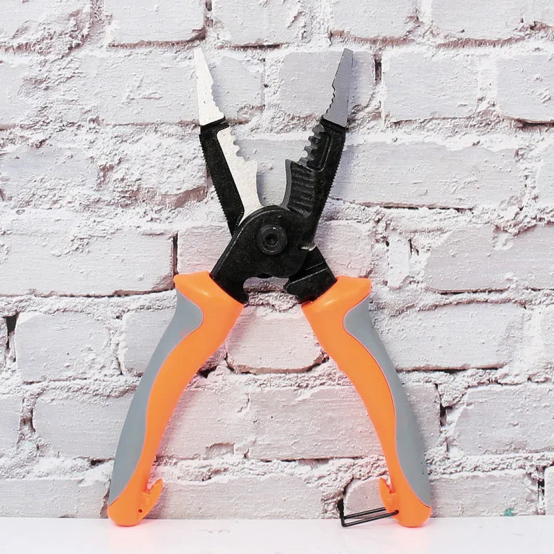 Orange 8-inch electrician's pliers with duckbill shape and wire stripping capabilities