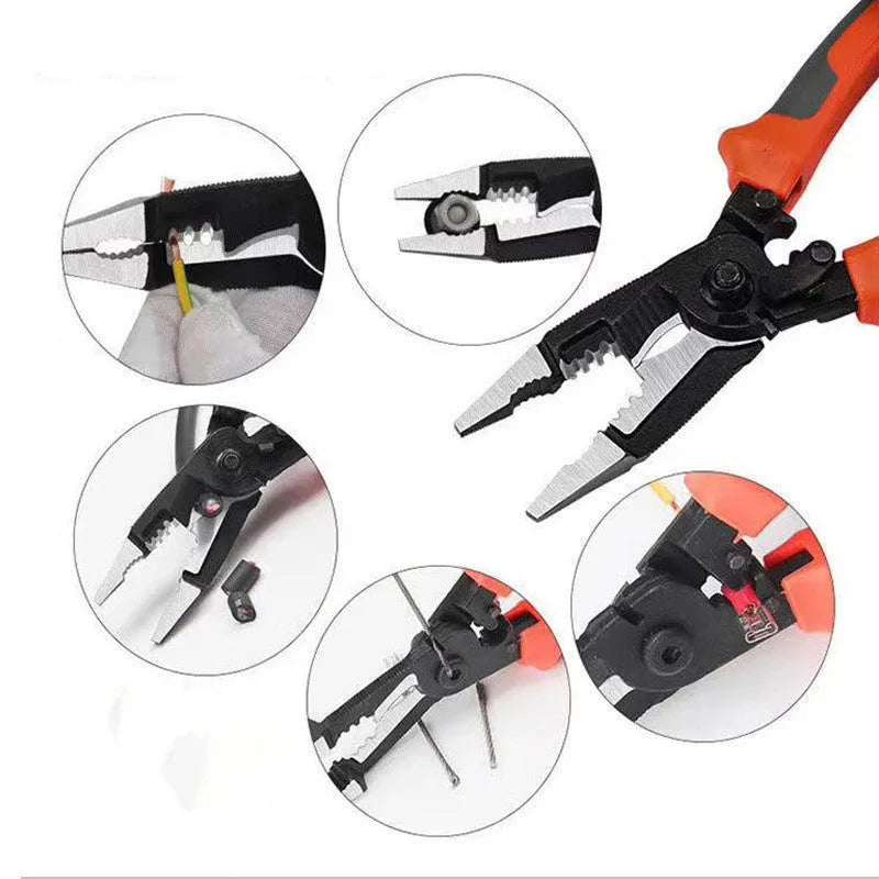 Orange 8-inch electrician's pliers with duckbill shape and wire stripping capabilities