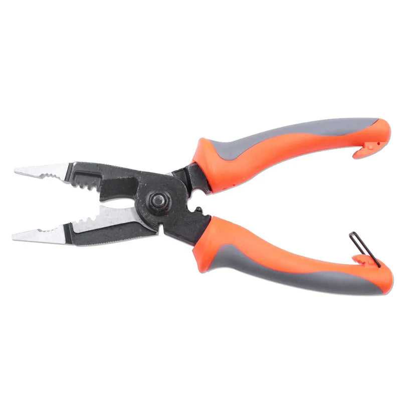 Orange 8-inch electrician's pliers with duckbill shape and wire stripping capabilities