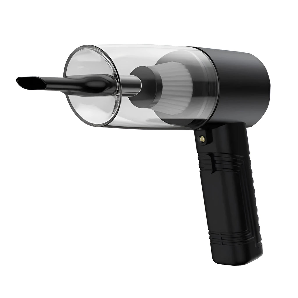 Black and white dual-purpose car vacuum cleaner with long cable and five suction head attachments.