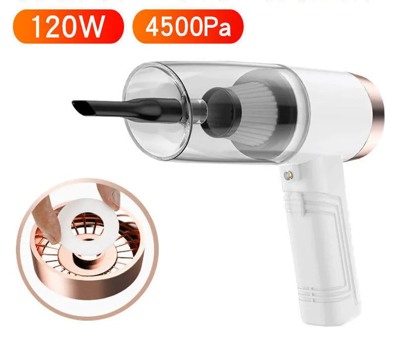 Black and white dual-purpose car vacuum cleaner with long cable and five suction head attachments.