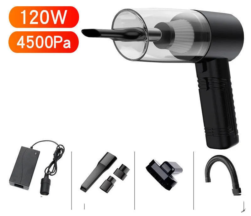 Black and white dual-purpose car vacuum cleaner with long cable and five suction head attachments.