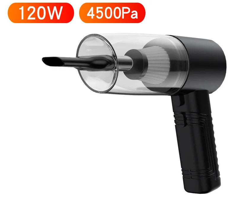 Black and white dual-purpose car vacuum cleaner with long cable and five suction head attachments.