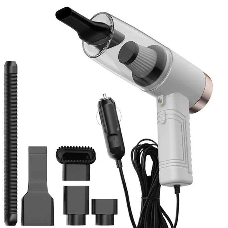 Black and white dual-purpose car vacuum cleaner with long cable and five suction head attachments.