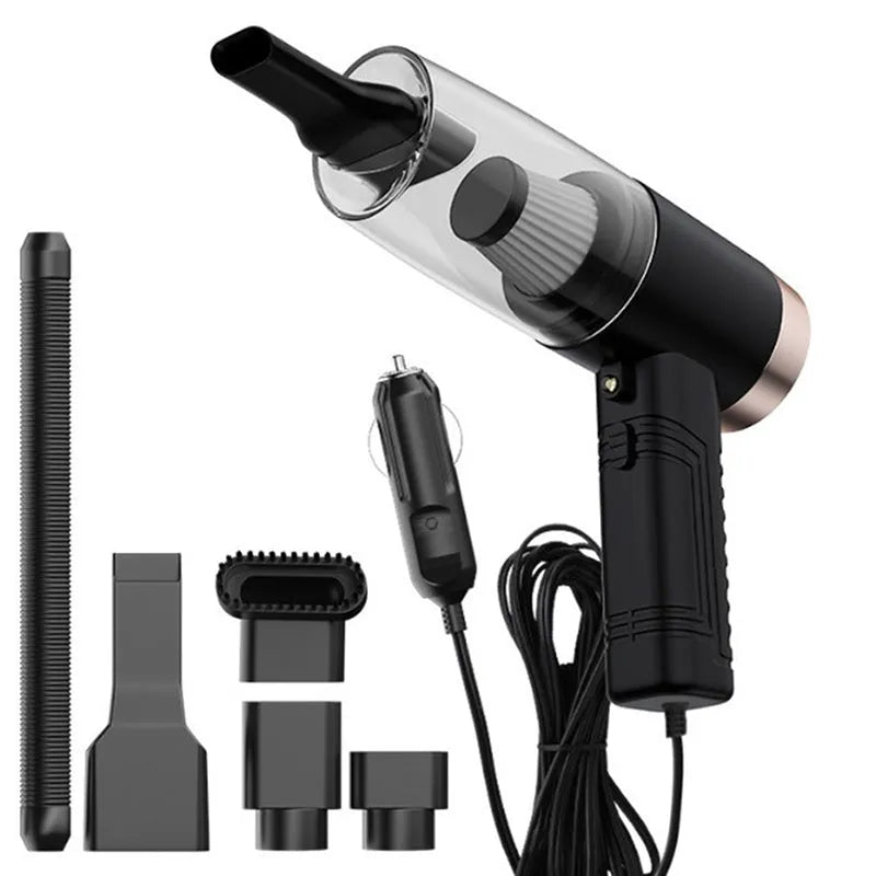 Black and white dual-purpose car vacuum cleaner with long cable and five suction head attachments.