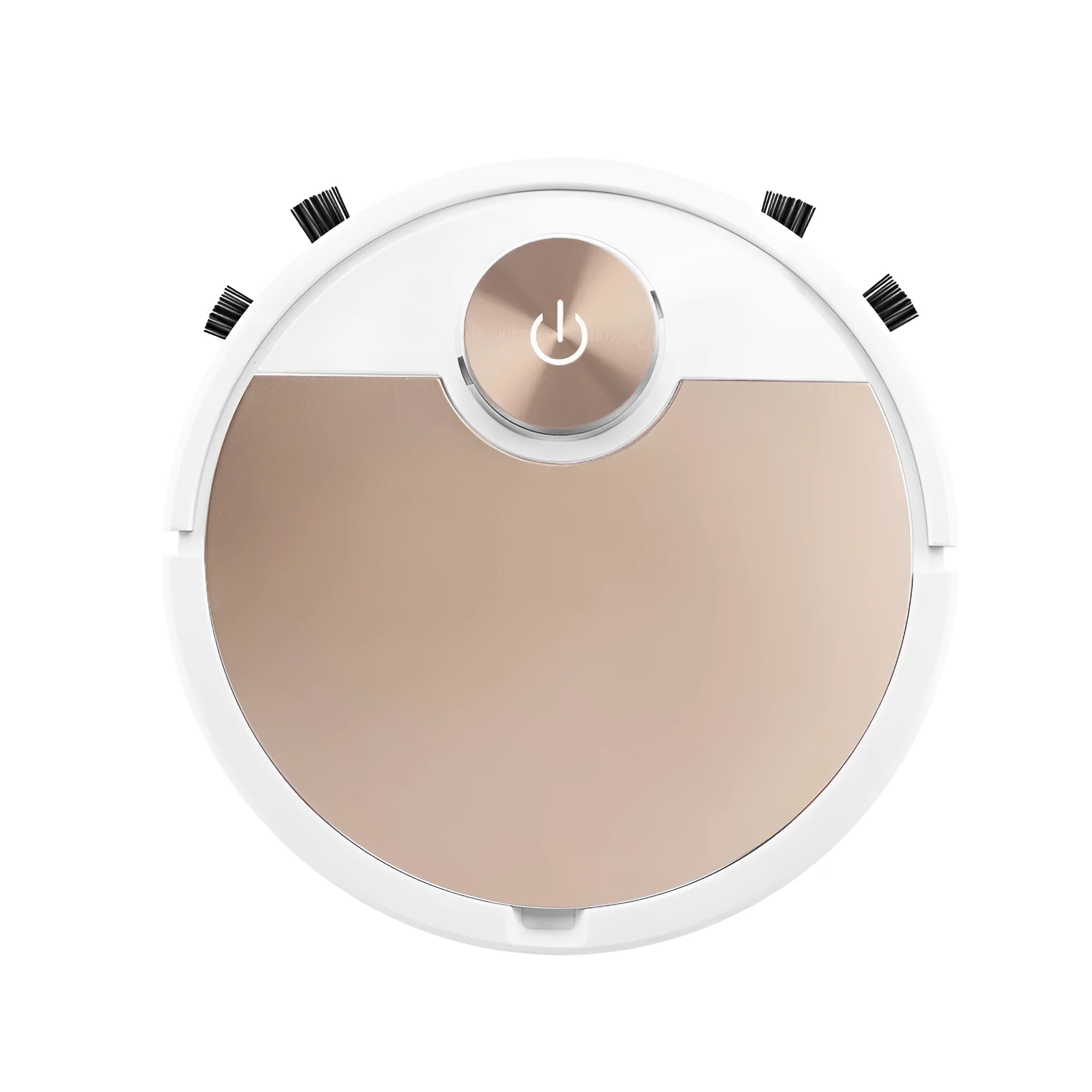 Golden and silver robot vacuum cleaner with remote control measuring 300mm square
