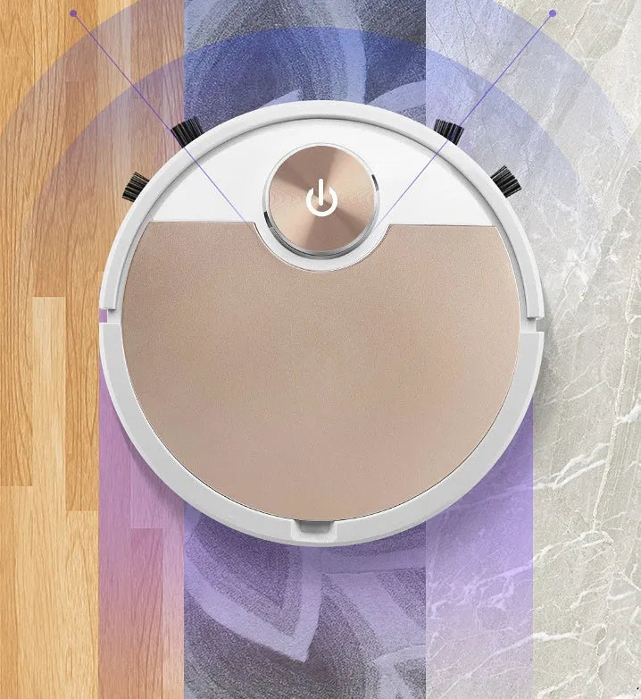 Golden and silver robot vacuum cleaner with remote control measuring 300mm square