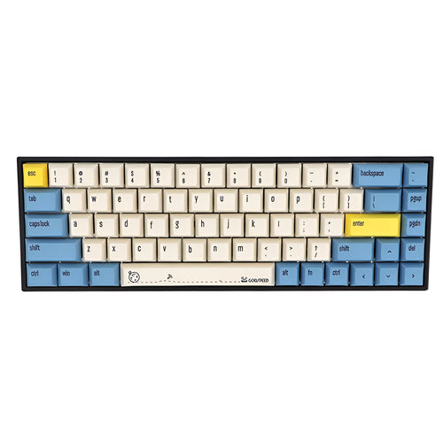 Set of 68 PBT keycaps for a mechanical keyboard in various colours including blue, grey, pink, and yellow.