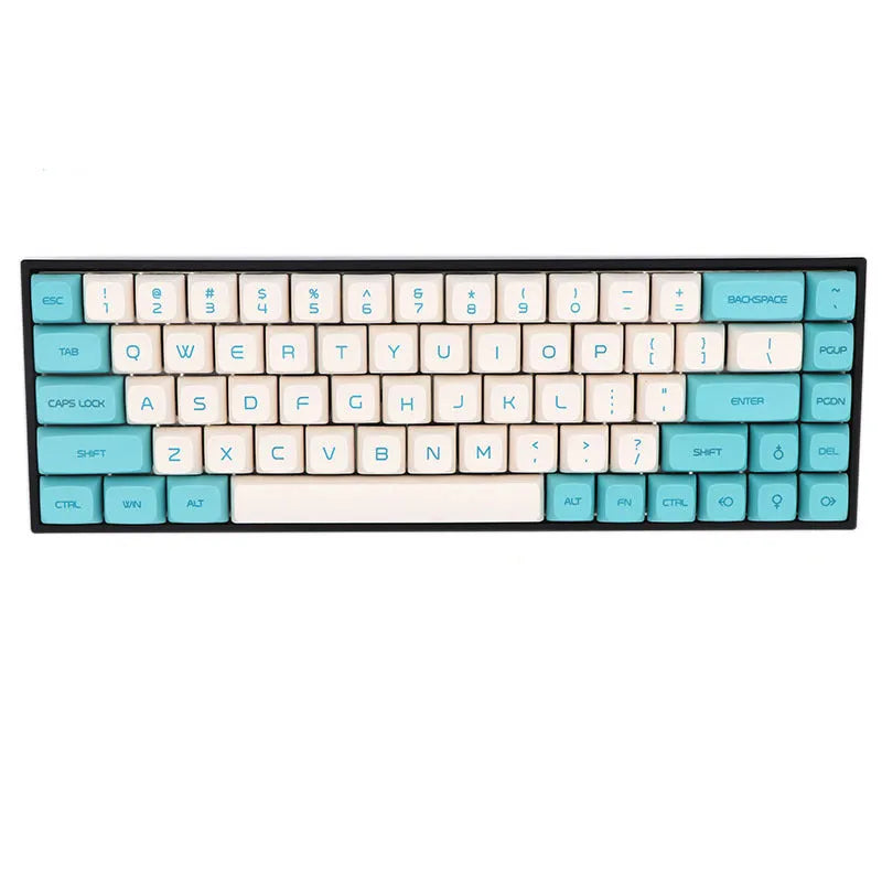 Set of 68 PBT keycaps for a mechanical keyboard in various colours including blue, grey, pink, and yellow.