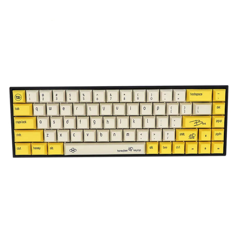 Set of 68 PBT keycaps for a mechanical keyboard in various colours including blue, grey, pink, and yellow.