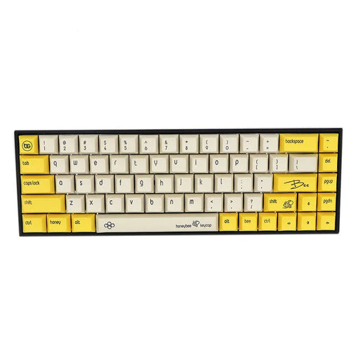Set of 68 PBT keycaps for a mechanical keyboard in various colours including blue, grey, pink, and yellow.