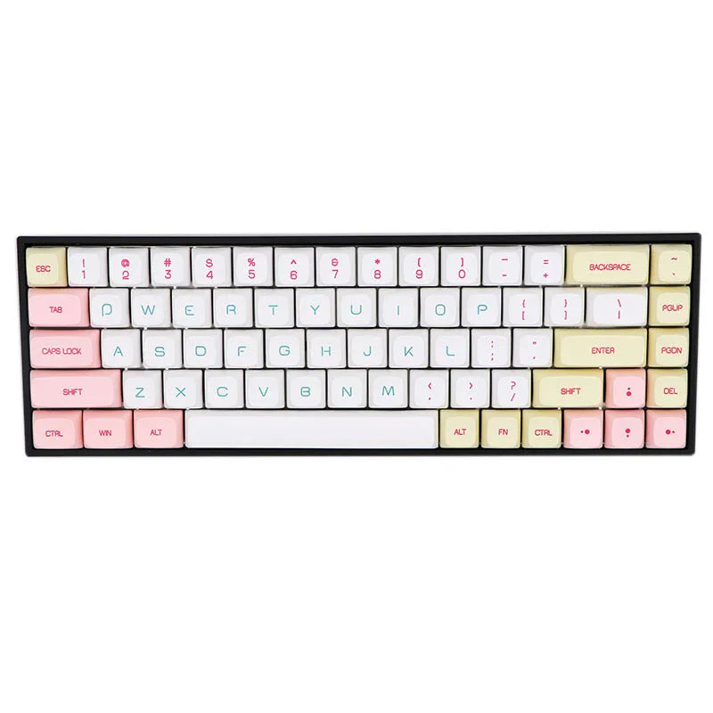Set of 68 PBT keycaps for a mechanical keyboard in various colours including blue, grey, pink, and yellow.